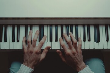 A pair of hands elegantly navigate the keys of a polished piano, creating harmonious sounds in a...