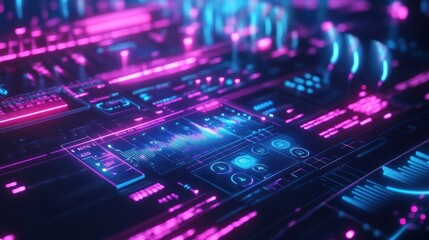 Fototapeta premium A futuristic, digital interface with glowing blue and pink lines and graphs.