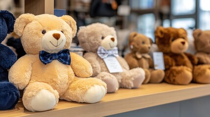 Rows of adorable teddy bears and white plush toys with bow ties fill the shelves of a cozy gift shop