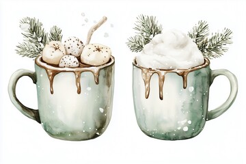 Cozy winter mugs filled with hot chocolate topped with marshmallows and whipped cream, surrounded by pine branches and snowflakes