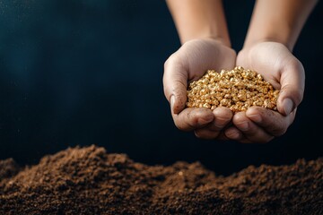 A pair of hands holds a handful of soil, symbolizing growth and connection to nature against a dark, dramatic backdrop.