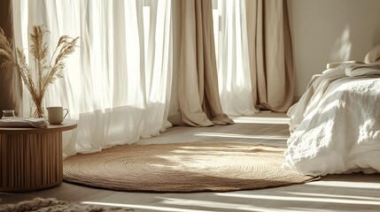 78. A modern living space with a trendy floor mat, minimalist table cloth, curtains blocking sunlight, and a chic bed setup
