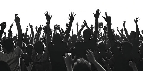 Excited crowd with raised hands at concert isolated on white  background.AI GENERATED