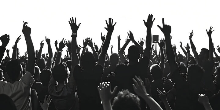 Excited crowd with raised hands at concert isolated on white  background.AI GENERATED - Powered by Adobe