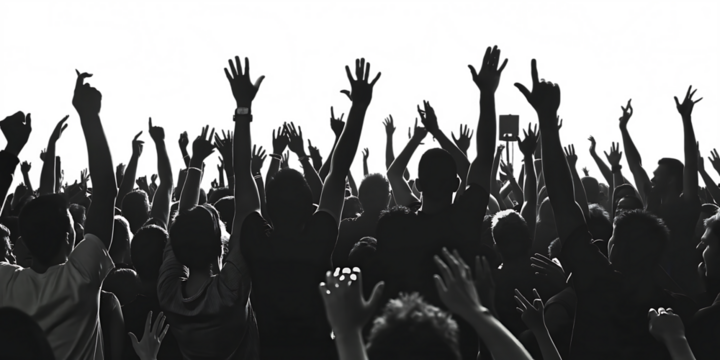 Excited crowd with raised hands at concert isolated on white  background.AI GENERATED