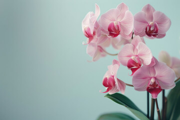 Artificial orchid plant in flower pot on white marble table. Space for text