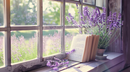 Fototapeta premium Beautiful lavender flowers and book on window sill indoors