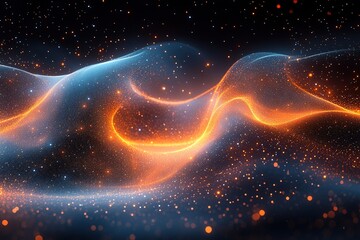 Obraz premium Abstract glowing waves of blue and orange light on a black background with sparkling particles.