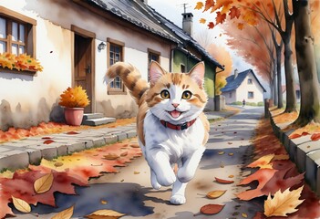 Running cat, autumn day