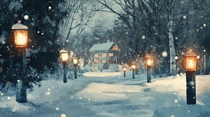 Fototapeta premium Winter night scene with glowing lanterns, snow-covered path, cozy house