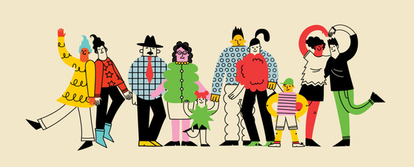Naklejka premium Happy big families illustration. Parents, grandparents and kids embrace with love, support. Mothers, fathers, children cuddle. Flat graphic vector illustrations isolated in trendy geometric style