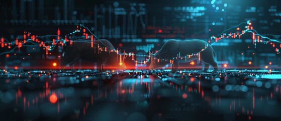 Financial and business candle stock graph chart, Bull vs bear concept, a panoramic shot of a large, curved monitor wrapped around a trading station, displaying extensive candlestick charts