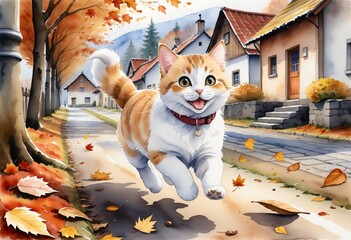 Running cat, autumn day