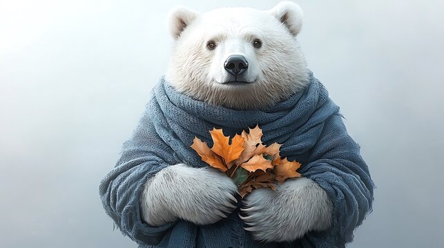 A majestic polar bear wrapped in cozy blue knitwear holding autumn leaves close embracing the change of seasons with a serene expression
