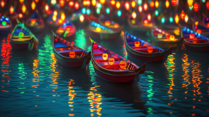 Fototapeta premium Bon Om Touk, a colorful traditional boat glides along a river filled with lantern reflections, Ai generated images