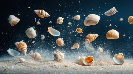 Seashells are beautifully scattered across sandy surface, creating dynamic and captivating scene. delicate textures and colors of shells contrast with fine sand, evoking sense of tranquility and wonde