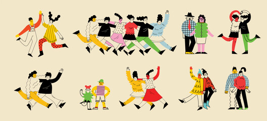 People in different poses and various geometric shapes. Outline characters, couples, friends, family in different mood, positions, diversity concept.