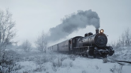 Naklejka premium A black steam locomotive making its way through a snowy landscape, steam blending with the frosty air.