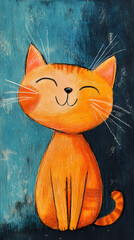 Obraz premium A simple, easy drawing of cats for kids using wax crayons, with rounded faces, big eyes, and cute whiskers. Each cat has tiny ears, a happy smile, and a long, curled tail.