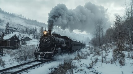 A black steam locomotive making its way through a snowy landscape, steam blending with the frosty air.