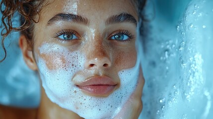 Close-up of a person with foam on their face, enjoying a spa moment.