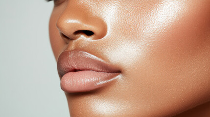 A close up of smooth, radiant face showcasing flawless skin and well defined lips, highlighting beauty and elegance. soft glow enhances overall aesthetic appeal