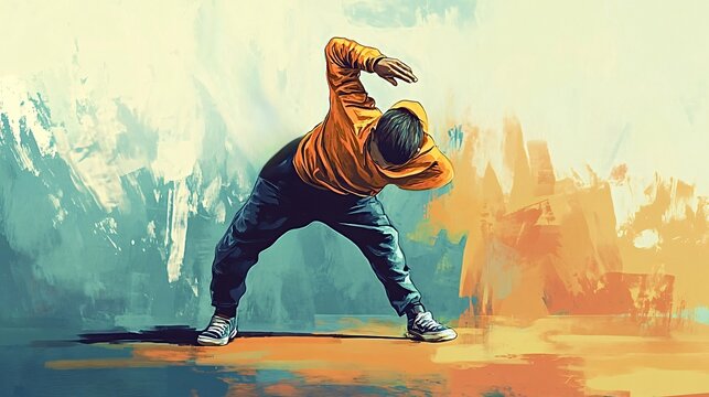 Dynamic painting showcasing a young male dancer executing a breakdance move, with a vibrant and textured background adding an artistic flair to the energetic performance
