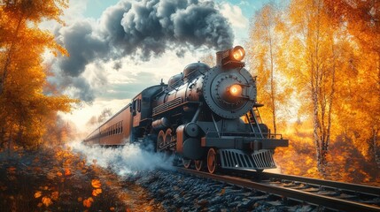 A classic steam locomotive in motion, with vibrant autumn trees on either side of the railway.