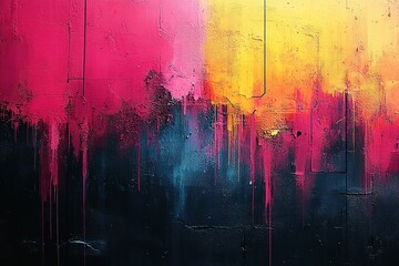 Abstract paint drips on black background in pink, yellow, and blue.