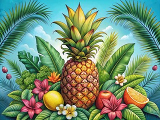 Fototapeta premium Hand Drawn Pineapple Tropical Summer Fruit Engraved Style Illustration for Vibrant Landscape Photography, Perfect for Summer Themes, Tropical Decor, and Fruit Illustrations