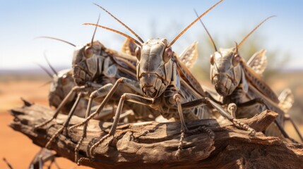 a dense swarm of locusts clinging to a dry, cracked surface,