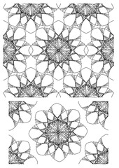 Eight Petal Flowers Line-work, Black and White, Tiles, Seamless Repeating Pattern Design