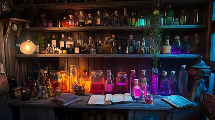 34. A whimsical witch's kitchen filled with colorful potions and spell books