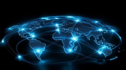 Obraz premium World map, global network, and connectivity concept. Glowing connections between cities on Earth in space with a night sky background.