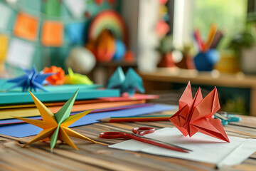 Fototapeta premium Generative AI crafted origami on colorful creative workspace