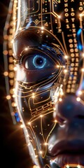 Close-up of a futuristic robotic face with glowing circuits and intricate patterns in a dark background.
