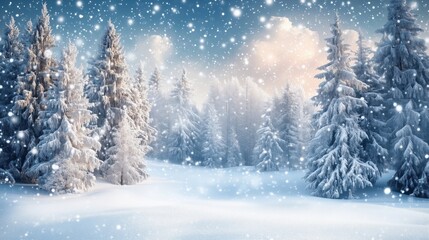 Snowy winter landscape with tall trees, soft snowfall, serene atmosphere