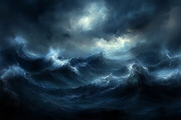 Obraz premium Dramatic ocean waves under a stormy sky.
