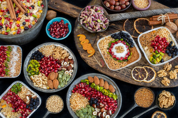 Ashure dessert with legumes and dried fruits named aşure or asure . Noah’s pudding in the bowl. 