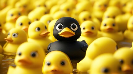 rubber duck with black duckling among yellow little ducklings
