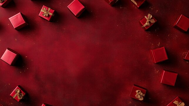 Rich red velvet texture scattered gift boxes central blank space. AI generated