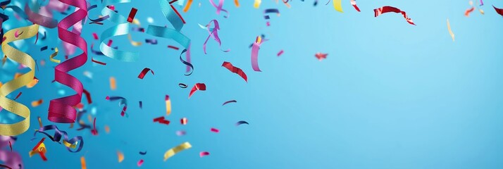 Naklejka premium Colorful confetti ribbons on blue background celebrating festivity and joyful event