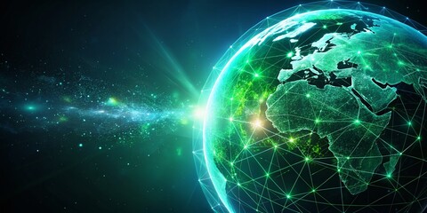 Obraz premium Digital Globe with Green Continents and Glowing Elements on Dark Background for Global Connectivity and Technology