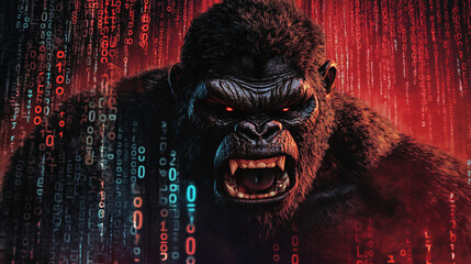 cybersecurity gorilla, angry, stencil, binary ones and zeros falling in background
