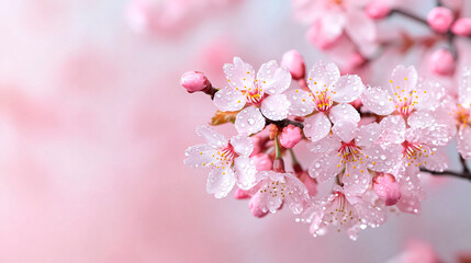 Fototapeta premium Explore the enchanting beauty of cherry blossoms adorned with dewdrops capturing the essence of spring and renewal