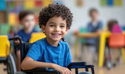 Inclusive image of happy multiethnic disabled children in wheelchairs with special needs playing & learning at rehab daycare school for handicapped kids. Inclusion & diversity in education concept
