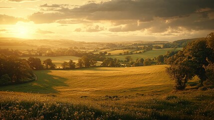 Obraz premium Serene Sunset Over Rolling Hills and Fields