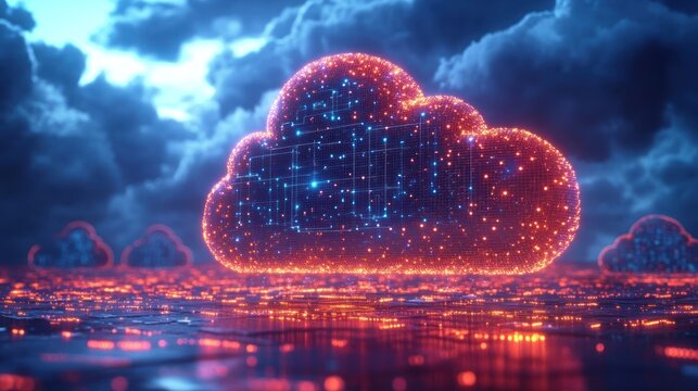Digital cloud with glowing data points in a futuristic landscape.