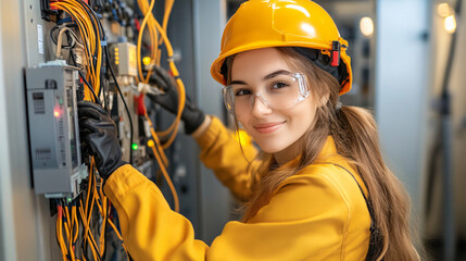 young woman in yellow safety jacket and helmet is inspecting cables in data center, showcasing her expertise and focus in technical environment - Powered by Adobe