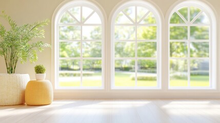 Obraz premium Sunlit room with large arched windows and potted plants creating a serene atmosphere, AI